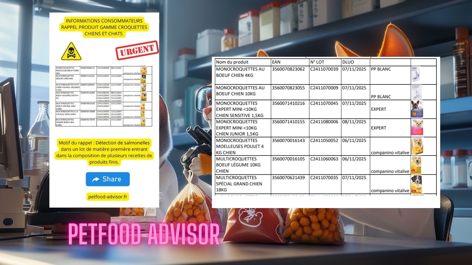 Rappel de produits pour rique de Salmonella spp (agent responsable de la salmonellose) pour des croquettes Carrefour, companino, vitalive, PP BLANC, EXPERT